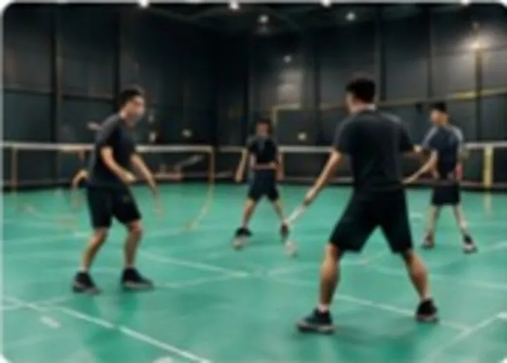 A doubles rally in play during a weekly Smash Vibes game