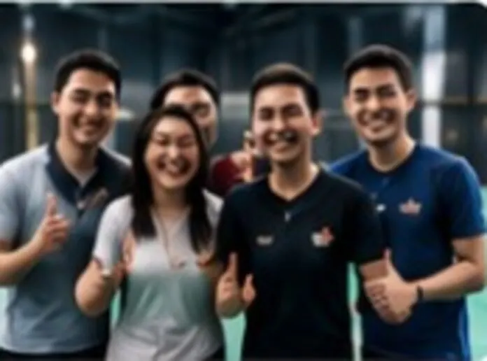 Four players smiling together courtside