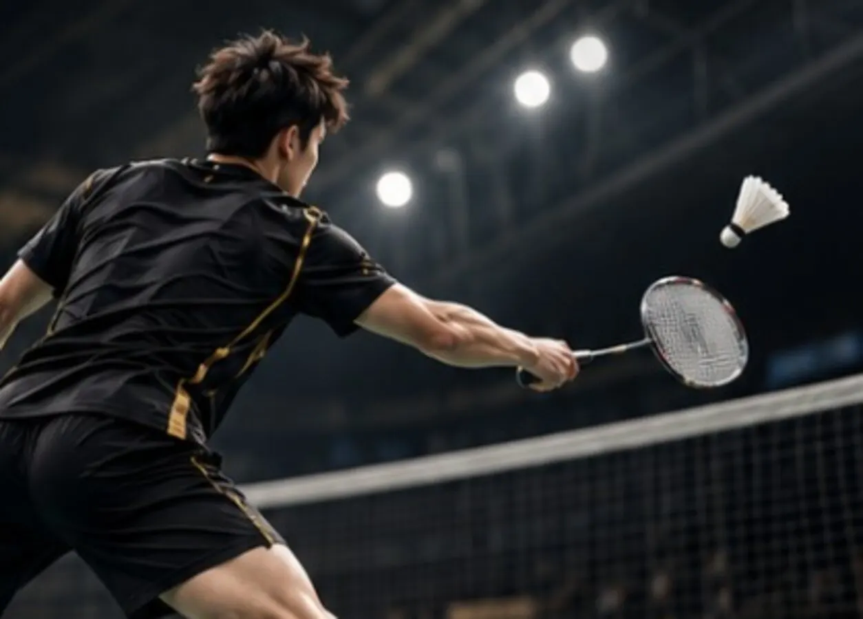A badminton player reaching for a return at full stretch under the hall lights