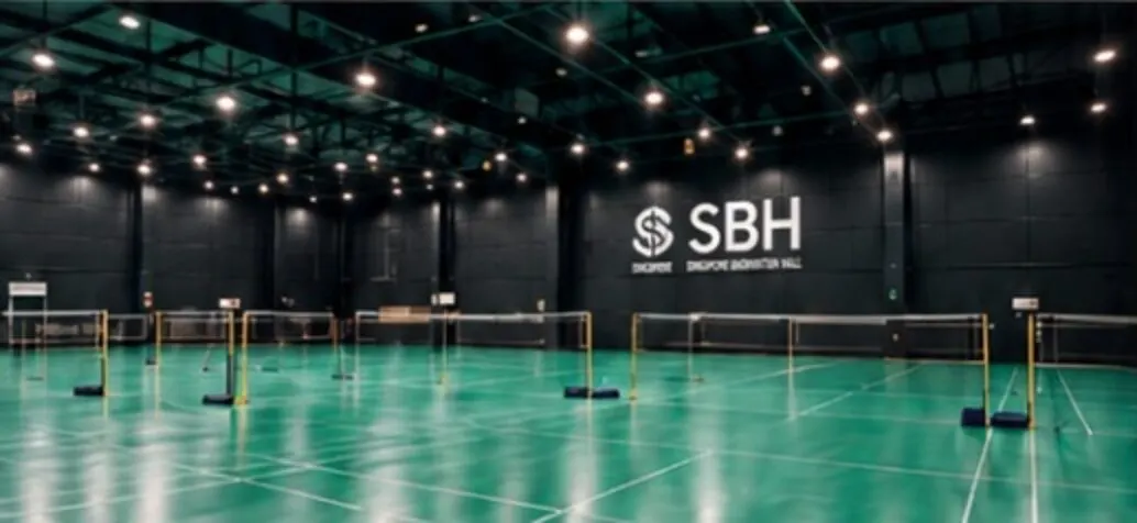 The green courts of Singapore Badminton Hall, lit and empty before a session